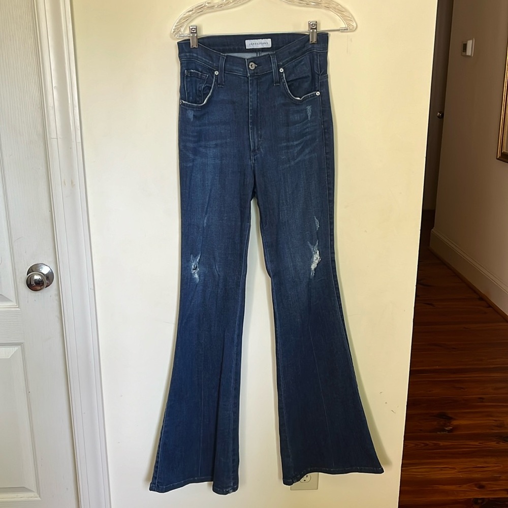 James Jeans the Freida, dark wash, bootcut flare with distressing. High waist